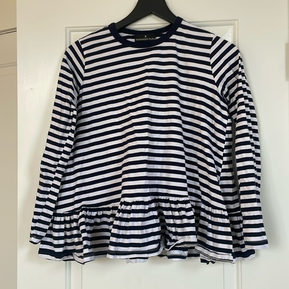 Tuckernuck Navy and White Striped Peplum Long-Sleeve Top